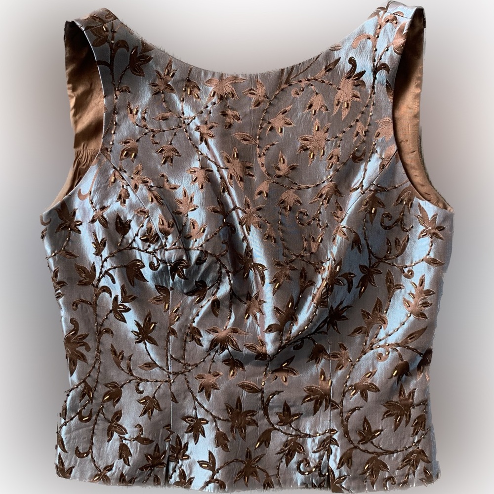 Vintage Designer JS Collections silk floral leaf beaded formal sleeveless top - Picture 1 of 7